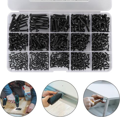 625pcs M2 M3 M4 فيليبس عموم رئيس مسامير الخشب الذاتي التنصت، 14 أحجام الصليب راحة جولة رئيس الذاتي Tapper مسامير مجموعة متنوعة للخشب والبلاستيك والمعادن الناعمة، أسود الكربون الصلب، نقطة حادة in Kuwait