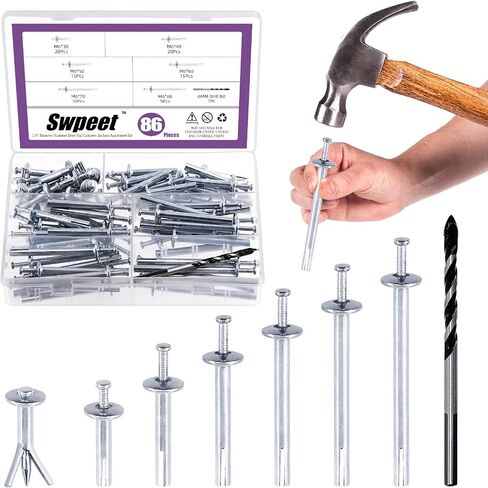 Swpeet 86Pcs 6 Sizes Alloy Steel Concrete Anchors Assortment, Hammer Drive Nail Set, 1/4" Diameter, Approx 1-3/16" 1-9/16" 2" 2-3/8" 2-3/4" 3-2/13" Length, with Drill Bit Approx 1/4" for Concrete in Saudi Arabia