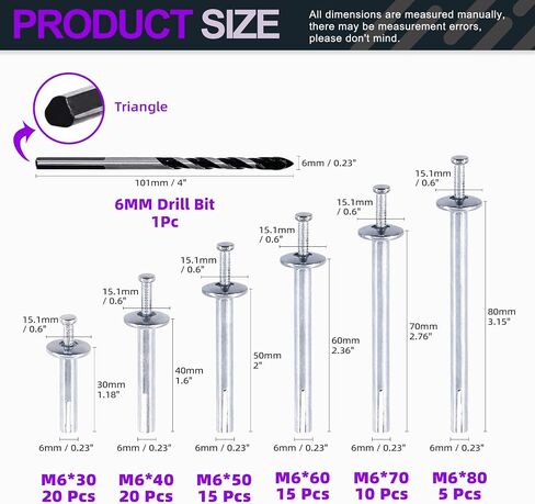 Swpeet 86Pcs 6 Sizes Alloy Steel Concrete Anchors Assortment, Hammer Drive Nail Set, 1/4" Diameter, Approx 1-3/16" 1-9/16" 2" 2-3/8" 2-3/4" 3-2/13" Length, with Drill Bit Approx 1/4" for Concrete in Saudi Arabia