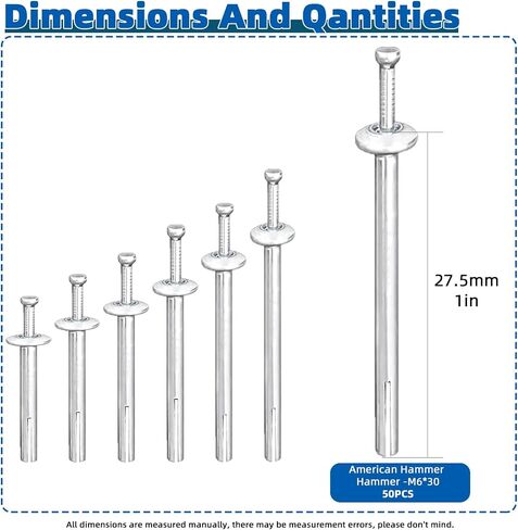 Glarks 30 قطعة مسمار محرك المطرقة، 1/4 بوصة × 2-3/4 بوصة محرك مرساة توسيع مسمار الفطر مطرقة فولاذية في المرساة، مرساة خرسانية مع مثقاب خرساني للجدران الخرسانية والطوب in Saudi Arabia
