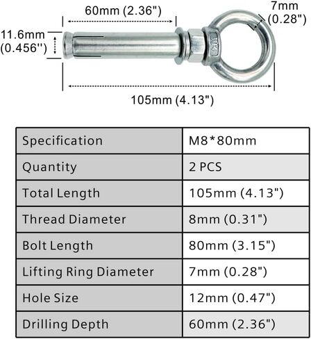 M8x80mm Ring Lifting Expansion Anchor Eyebolt 2 Pack Expansion Bolts Ceiling Hook Heavy Duty Bolts Anchor Fastener 304 Stainless Steel for Concrete Brick Wall in Saudi Arabia