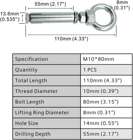 M8x80mm Ring Lifting Expansion Anchor Eyebolt 2 Pack Expansion Bolts Ceiling Hook Heavy Duty Bolts Anchor Fastener 304 Stainless Steel for Concrete Brick Wall in Saudi Arabia