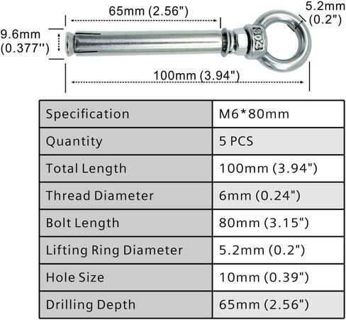 M8x80mm Ring Lifting Expansion Anchor Eyebolt 2 Pack Expansion Bolts Ceiling Hook Heavy Duty Bolts Anchor Fastener 304 Stainless Steel for Concrete Brick Wall in Saudi Arabia