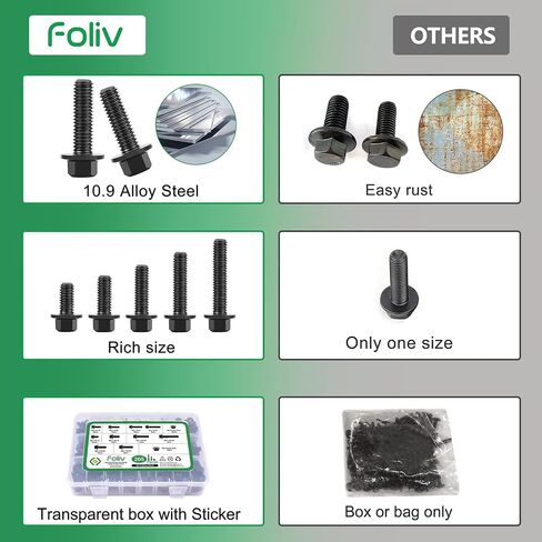 FOLIV 205 قطعة M6-1.0 M8-1.25 مسامير سداسية ذات حواف، فئة 10.9 سبائك فولاذية سوداء مطلية بالزنك مسامير سداسية ذات حواف مترية M6 × 12/16/20/25/30 مم وM8 × 16/20/25/30/40 مم in Saudi Arabia