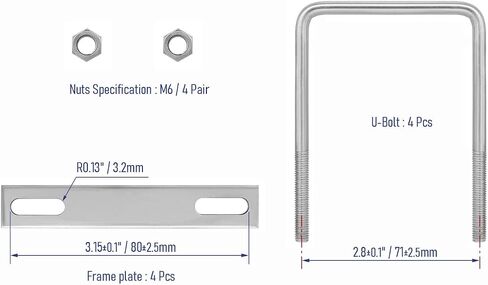 4 Sets 304 Stainless Steel Square U-Bolts 2"(50mm) Inner Width, 3.15"(80mm) Length Stainless M6 with Nuts, Frame Plate, Accessories for Automobiles Trailer, Boat Trailer Industrial Parts in Saudi Arabia