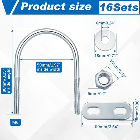 16 Sets Round U Bolts Zinc Plated Steel M6 Round Bend U Clamp with Nut Plate Washer (M6 x 27 mm x 53 mm) in Saudi Arabia