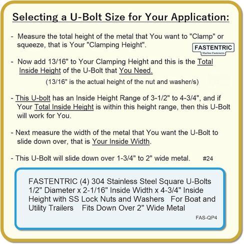صُنع في الولايات المتحدة الأمريكية (4) 304 مسامير مربعة من الفولاذ المقاوم للصدأ على شكل حرف U بقطر 1/2 بوصة × عرض داخلي 2-1/16 بوصة × ارتفاع داخلي 4-3/4 بوصة مع صواميل وغسالات قفل SS للقوارب ومقطورات المرافق التي تناسب أكثر من ذلك 2" معدن in Kuwait