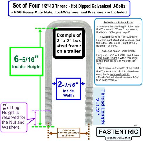 صُنع في الولايات المتحدة الأمريكية (4) مربع جالف مغمس ساخن بقطر 1/2 بوصة. مسامير على شكل حرف U × 2-1/16 بوصة عرض داخلي × 6-5/16 بوصة ارتفاع داخلي وغسالات عالية الدقة وغسالات قفل وصواميل للقوارب ومقطورات المرافق يناسب المعدن بعرض يزيد عن 2 بوصة in Kuwait