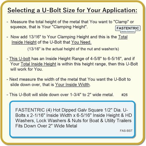 صُنع في الولايات المتحدة الأمريكية (4) مربع جالف مغمس ساخن بقطر 1/2 بوصة. مسامير على شكل حرف U × 2-1/16 بوصة عرض داخلي × 6-5/16 بوصة ارتفاع داخلي وغسالات عالية الدقة وغسالات قفل وصواميل للقوارب ومقطورات المرافق يناسب المعدن بعرض يزيد عن 2 بوصة in Kuwait