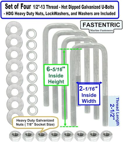صُنع في الولايات المتحدة الأمريكية (4) مربع جالف مغمس ساخن بقطر 1/2 بوصة. مسامير على شكل حرف U × 2-1/16 بوصة عرض داخلي × 6-5/16 بوصة ارتفاع داخلي وغسالات عالية الدقة وغسالات قفل وصواميل للقوارب ومقطورات المرافق يناسب المعدن بعرض يزيد عن 2 بوصة in Kuwait