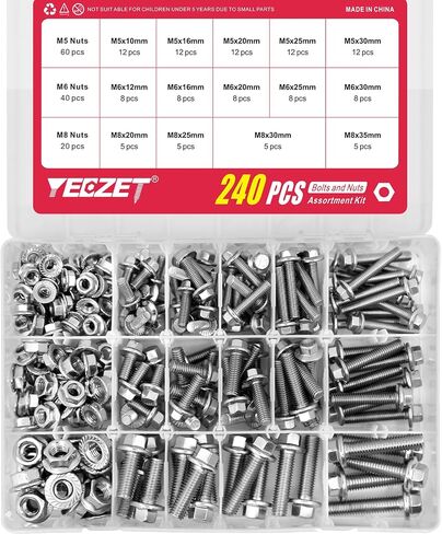 مجموعة YEEZET 240 قطعة M5 M6 M8 مسامير وصواميل ذات حواف، من الفولاذ المقاوم للصدأ 304 براغي سداسية ذات حواف مترية تتضمن 14 مقاسًا شائعًا in Saudi Arabia