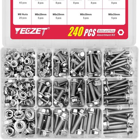 مجموعة YEEZET 240 قطعة M5 M6 M8 مسامير وصواميل ذات حواف، من الفولاذ المقاوم للصدأ 304 براغي سداسية ذات حواف مترية تتضمن 14 مقاسًا شائعًا in Saudi Arabia