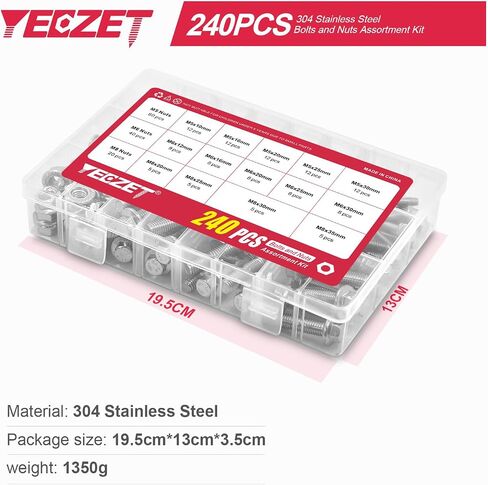 مجموعة YEEZET 240 قطعة M5 M6 M8 مسامير وصواميل ذات حواف، من الفولاذ المقاوم للصدأ 304 براغي سداسية ذات حواف مترية تتضمن 14 مقاسًا شائعًا in Saudi Arabia