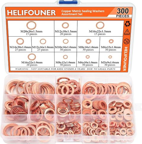 مجموعة متنوعة من غسالات النحاس، HELIFOUNER 300 قطعة 12 مقاسًا من مجموعة غسالات الختم النحاسية المترية in Saudi Arabia