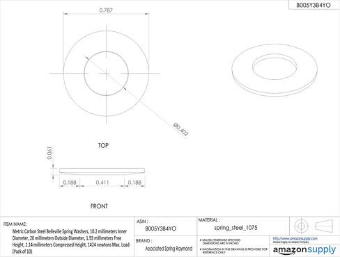Metric Carbon Steel Belleville Spring Washers, 10.2 millimeters Inner Diameter, 20 millimeters Outside Diameter, 1.55 millimeters Free Height, 1.14 millimeters Compressed Height, 1424 newtons Max. Load (Pack of 10) in Saudi Arabia
