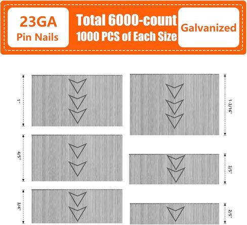 23 مسمارًا من الصلب من جافلانيزد عدد 6000، 6 مقاسات (1-3/16 بوصة، 1 بوصة، 4/5 بوصة، 3/4 بوصة، 3/5 بوصة، 2/5 بوصة) مسامير دبوس بدون رأس لـ 23GA هوائية أو كهربائية مسدس المسامير أو مسدس المسامير، حزمة المشروع in Kuwait
