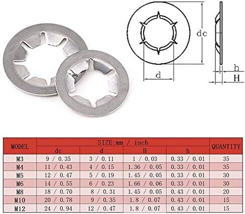 Hilitchi 180 Piece 304 Stainless Steel Internal Tooth Starlock Washers Quick Speed Locking Washers Push On Speed Clips Fasteners Assortment Kit - 7 Size in Saudi Arabia