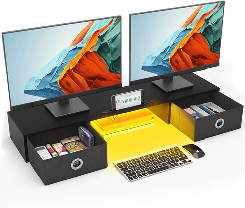 Dual Monitor Stand with 2 Drawers, Computer Monitor Riser for 2 Monitors, Large Desktop Organzier with Storage for PC/Laptop/Computer/TV Screen/Printer,White & Pink in Saudi Arabia