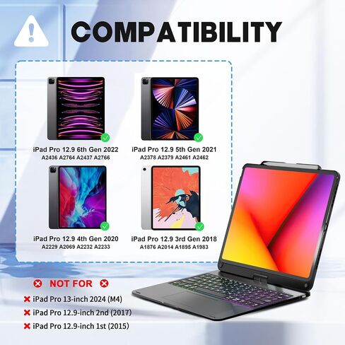 Nokbabo iPad Pro 12.9 بوصة علبة مع لوحة مفاتيح ، قوس قزح خلفي ، حامل قلم رصاص ، 360 درجة قابلة للتدوير ، لوحة مفاتيح لـ iPad Pro 12.9 بوصة 6th/5/4th/3rd - Black in Kuwait
