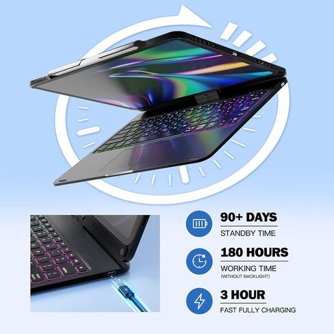 Nokbabo iPad Pro 12.9 بوصة علبة مع لوحة مفاتيح ، قوس قزح خلفي ، حامل قلم رصاص ، 360 درجة قابلة للتدوير ، لوحة مفاتيح لـ iPad Pro 12.9 بوصة 6th/5/4th/3rd - Black in Kuwait