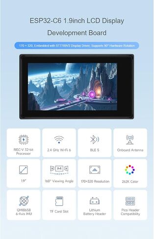 WAVESHARE ESP32-C6 1.9 بوصة لوحة تطوير اللمس ، 170 × 320 بكسل 262K LCD SCREEM الدعم 2.4 جيجا هرتز و WIFI و Bluetooth BLE 5 يدعم 90 درجة دوران الأجهزة in Saudi Arabia