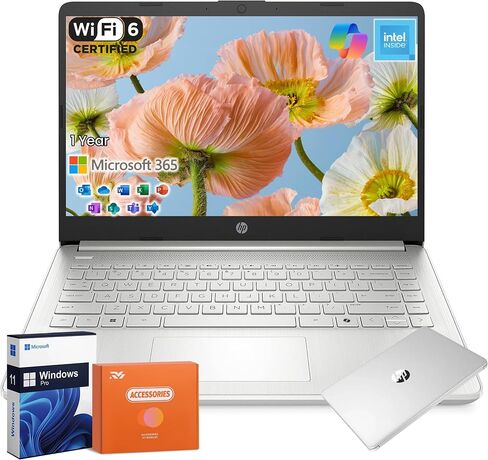 HP 2025 14 Inch Laptop, Office 365 for 1 Year, 16GB RAM, 512GB Storage(128GB eMMC + 128GB UFS + 256GB microSD), Intel N150, 11H Battery Life, Copilot AI, Windows 11 Pro, Wi-Fi 6, Accessories in Saudi Arabia