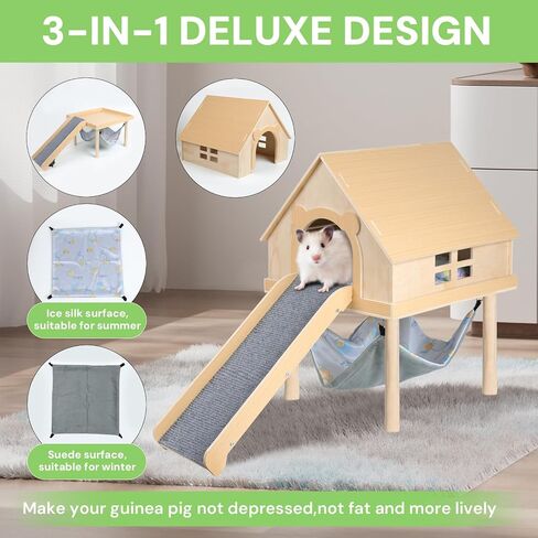 Guinea Pig Hideout-Natural Wooden Guinea Pig Bedding Guinea Pig Toys with Stairs and Mat,Detachable Guinea Pig Bed for Guinea Pig Cages Hamsters Bunny Chinchillas. in Saudi Arabia
