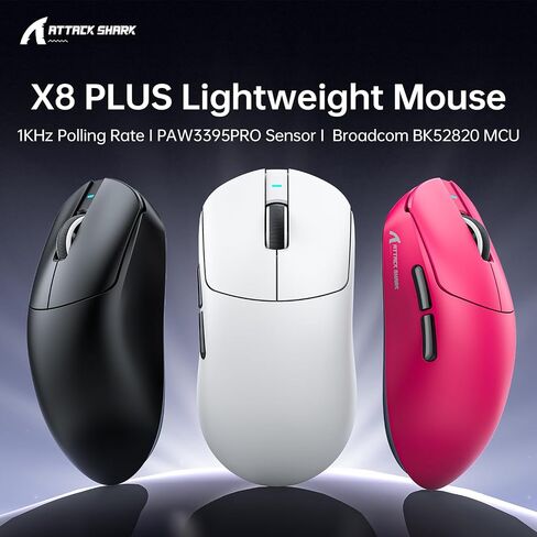 Mambasnake × الهجوم Shark X8Plus اللاسلكي ألعاب ماوس ، اتصال ثلاثي الوضع ، 40000 نقطة في البوصة خفيفة الوزن ، مستشعر PAW3395Pro ، عمر بطارية 150 ساعة ، 5 أزرار قابلة للبرمجة لنظام التشغيل Windows/Mac/Linux/XP-Black in Kuwait