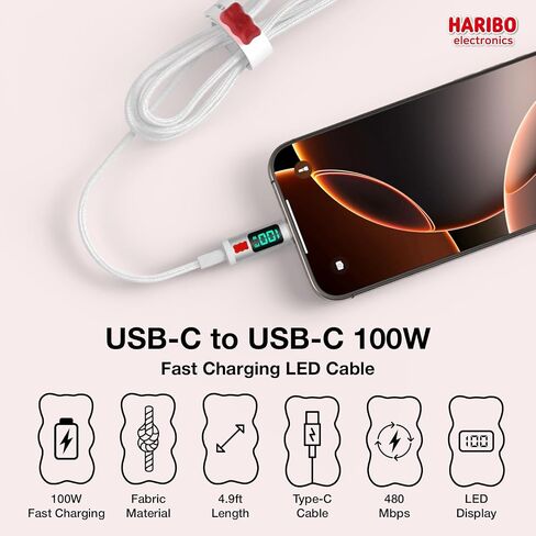 DCHK Haribo USB C إلى USB C Cable (4.9ft ، 2 Pack) ، 100W PD Charging ، عرض LED ، USB 2.0 Gummy Bear Style Cords for iPhone 15/16 ، Galaxy ، Pixel ، iPad in Kuwait