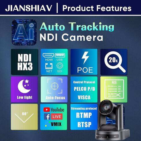 4K 30 إطارًا في الثانية من كاميرا NDI PTZ ، تتبع AI AI AUTO ، ZOOM البصري 20x ، وذلك ، وذلك في ألوان الحياة ، POE ، HDMI ، USB ، SDI ، IP Camera for Church Services Education VMIX OBS (JS520USH4K in Kuwait
