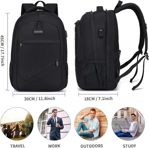 Asenlin Travel Laptop Backpack for Women & Men,Water Resistant Business Slim Sturdy Laptops Backpack with USB Charging Port,Fits 15.6 Inch Notebook College School Computer Bag-Black in Kuwait