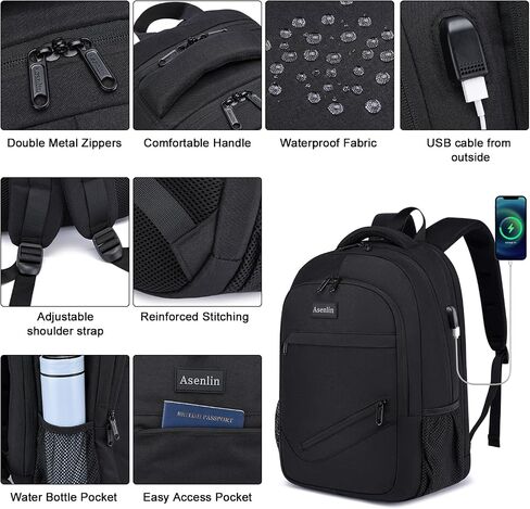 Asenlin Travel Laptop Backpack for Women & Men,Water Resistant Business Slim Sturdy Laptops Backpack with USB Charging Port,Fits 15.6 Inch Notebook College School Computer Bag-Black in Kuwait