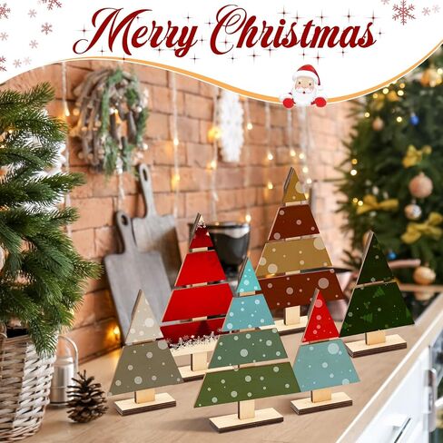 Soaoo 8 Pcs Christmas Standing Wood Pallet Christmas Tree Shaped DIY Wooden Ornaments Kit, Rustic Unfinished Wooden Crafts to Paint with 12 Colors Pigment Paint Brushes Color Palettes for Kids Adults in Saudi Arabia