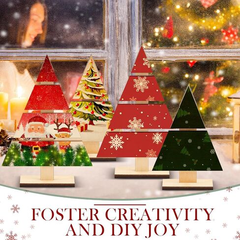 Soaoo 8 Pcs Christmas Standing Wood Pallet Christmas Tree Shaped DIY Wooden Ornaments Kit, Rustic Unfinished Wooden Crafts to Paint with 12 Colors Pigment Paint Brushes Color Palettes for Kids Adults in Saudi Arabia