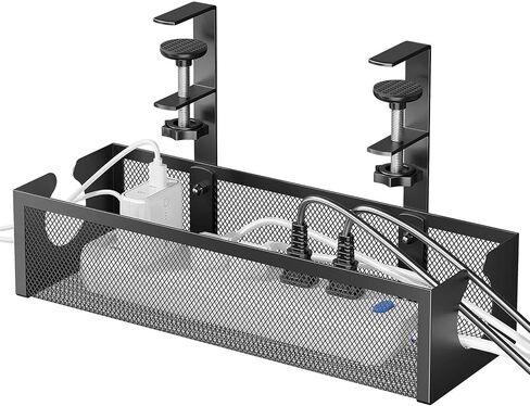 DELAMU Under Desk Cable Management Tray, No Drill Metal Mesh Cable Management Under Desk with F-Clamp Mount & 2 Open Holes, Cord Organizer for Home Office, 1 Pack, White in Kuwait