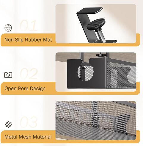 DELAMU Under Desk Cable Management Tray, No Drill Metal Mesh Cable Management Under Desk with F-Clamp Mount & 2 Open Holes, Cord Organizer for Home Office, 1 Pack, White in Kuwait