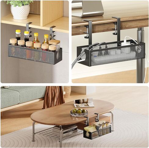 DELAMU Under Desk Cable Management Tray, No Drill Metal Mesh Cable Management Under Desk with F-Clamp Mount & 2 Open Holes, Cord Organizer for Home Office, 1 Pack, White in Kuwait