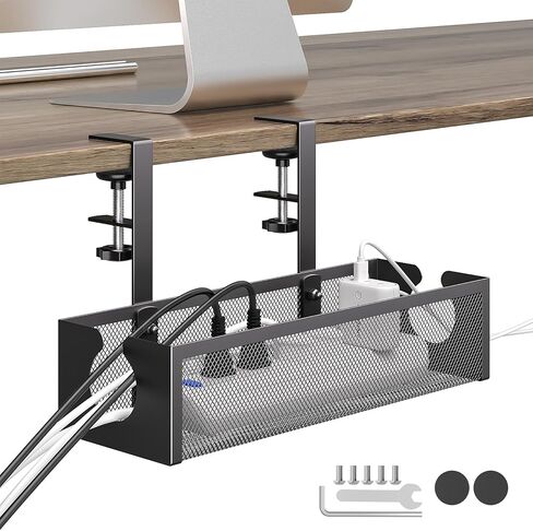 DELAMU Under Desk Cable Management Tray, No Drill Metal Mesh Cable Management Under Desk with F-Clamp Mount & 2 Open Holes, Cord Organizer for Home Office, 1 Pack, White in Kuwait