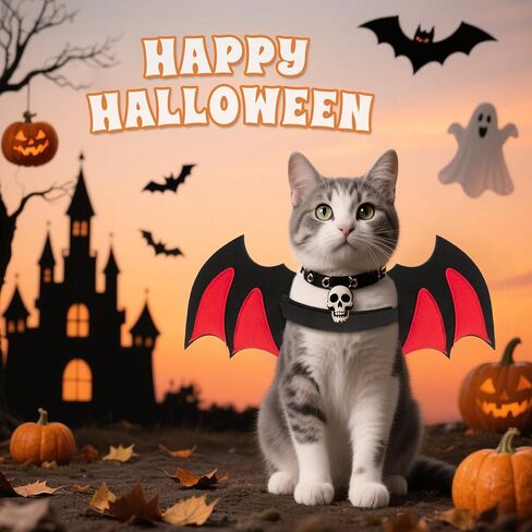 Halloween Cat Bat Wings Costume Pet Cosplay Vampire Dress Up Apparel Small Dog Christmas Clothes Bat Skeleton Bone Wing with Kitten Puppy Skull Back Tie Decoration & Traction Rope Fixing Holes in Kuwait