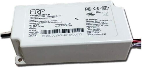 ERP Power ESS020W-0700-24 CC LED Power Supply 120-277 Vac, 87% eff, Rectangular ESS Plastic Case, Forward/Reverse Phase & 0-10V dimming, 1-100% dim Range, 16.8 W max, 700 mA Iout, 14-24 V Vout in Saudi Arabia