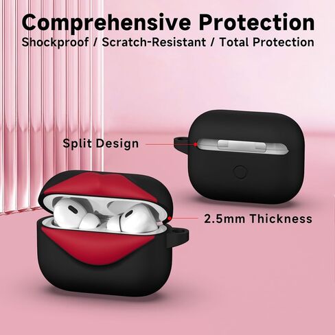 علبة Lomonica Synglish Red Lips لـ AirPods Pro 2 ، تصميم لطيف للغاية ، حالة حماية من السيليكون الناعمة لـ AirPods Pro 2nd/1st Generation وتحول AirPods إلى ملحق بيان (أسود) in Kuwait