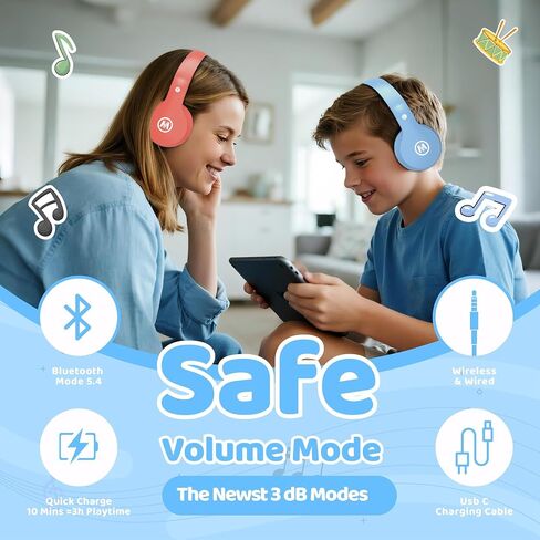Mokata Headphones Kids Bluetooth 5.4 Wireless Play Time 68H Safe Volume Limit 85/94dB Over-Ear Foldable Headset,Fast Charging,with Aux Cord Built-in Mic for Toddler Child Pad Study Tablet Blue in Kuwait