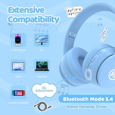 Mokata Headphones Kids Bluetooth 5.4 Wireless Play Time 68H Safe Volume Limit 85/94dB Over-Ear Foldable Headset,Fast Charging,with Aux Cord Built-in Mic for Toddler Child Pad Study Tablet Blue in Kuwait