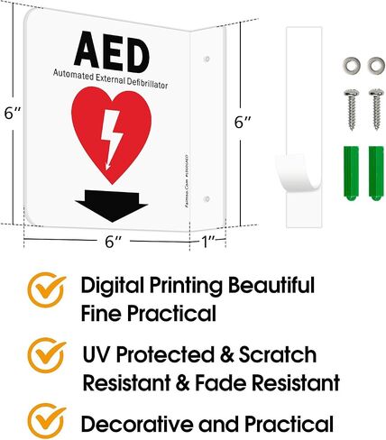 فايتو لافتة AED من قطعتين مع سهم سفلي - بلاستيك اكريليك مقاس 6 × 6 انش، فتحتان مثقوبتان مسبقًا، تتضمن براغي مطابقة، تستخدم للمنزل والمكتب والعمل in Saudi Arabia