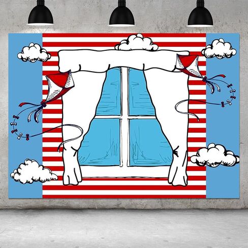Cartoon Blue Window Backdrops for Photography Kids Birthday Party Background 5x3ft Blue Red Kite Striped Kids Party Backdrop Boys Girls 1st Birthday Decorations Cake Table Banner Photo Booth Props in Kuwait