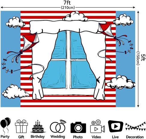 Cartoon Blue Window Backdrops for Photography Kids Birthday Party Background 5x3ft Blue Red Kite Striped Kids Party Backdrop Boys Girls 1st Birthday Decorations Cake Table Banner Photo Booth Props in Saudi Arabia