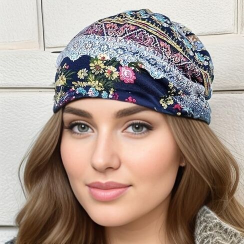Bohemian Warm Knit Beanie - طباعة زهرية عتيقة ، أغطية رأس شتوية مريحة ومرنة ، مثالية للارتداء غير الرسمي in Saudi Arabia