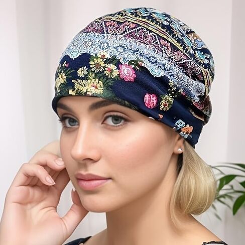 Bohemian Warm Knit Beanie - طباعة زهرية عتيقة ، أغطية رأس شتوية مريحة ومرنة ، مثالية للارتداء غير الرسمي in Saudi Arabia