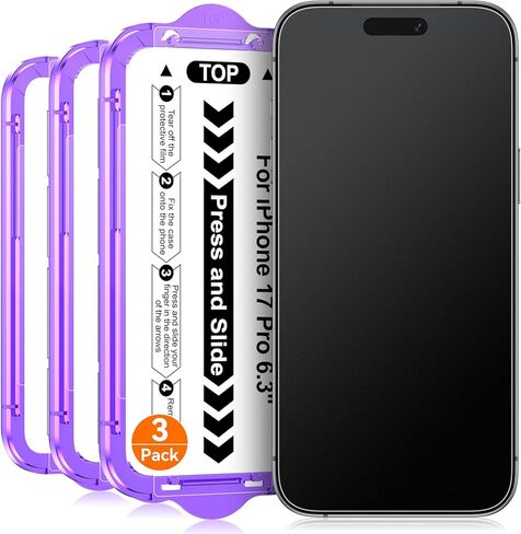 3 حزمة لـ iPhone 17 Pro 6.3 بوصة واقي شاشة زجاجي غير لامع ، محاذاة تلقائية ، تناسب سريع التثبيت السهل ، مضاد للوهج الزجاج المضاد للبصمات ، لمسة ناعمة ، ودية للحالة in Kuwait