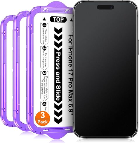 3 حزمة لـ iPhone 17 Pro 6.3 بوصة واقي شاشة زجاجي غير لامع ، محاذاة تلقائية ، تناسب سريع التثبيت السهل ، مضاد للوهج الزجاج المضاد للبصمات ، لمسة ناعمة ، ودية للحالة in Kuwait